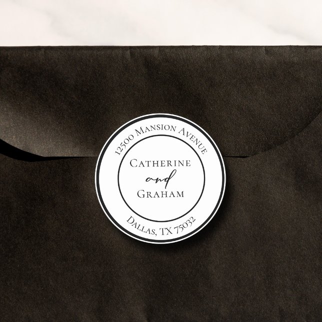 Pegatina Redonda Dirección de devolución de Boda moderno blanco y n (Subido por el creador)