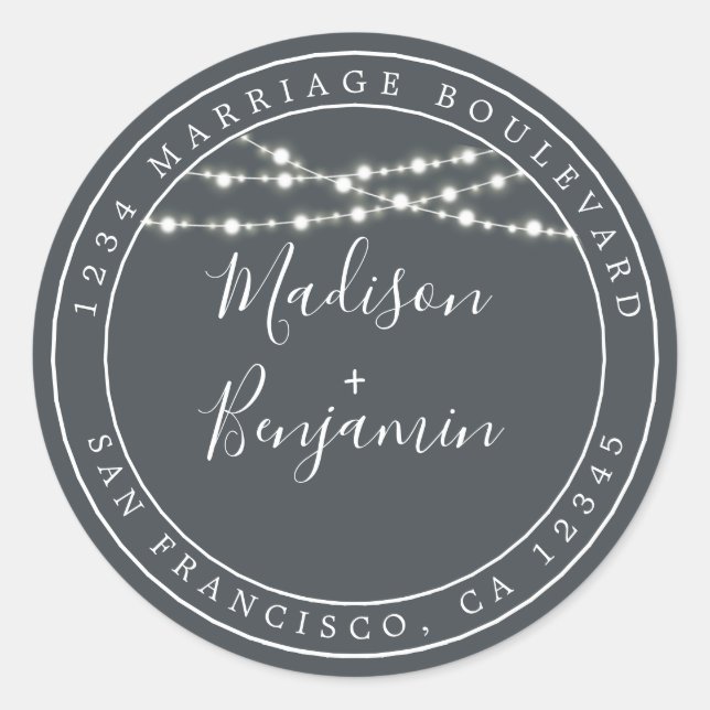 Pegatina Redonda Dirección de devolución de Boda negro de las luces (Anverso)