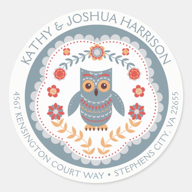 Pegatina Redonda Dirección de devolución de búho y flores de estilo (Anverso)