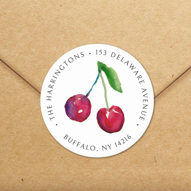 Pegatina Redonda Dirección de devolución de cerezas de estilo vinta (Add color to your envelopes with these bright ripe red watercolor cherries, painted by hand!)