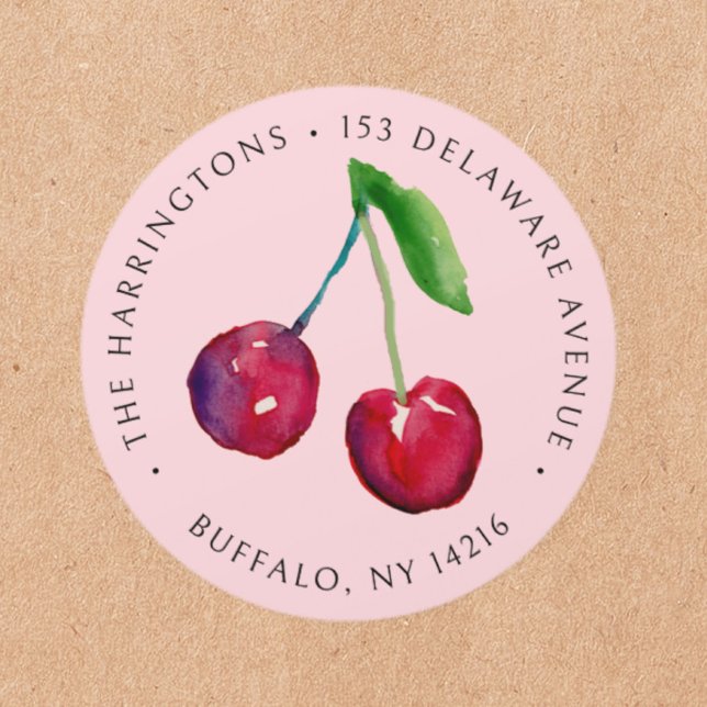 Pegatina Redonda Dirección de devolución de cerezas de estilo vinta (Brighten you notes with these luscious red watercolor cherries. The are hand-illustrated and unique!)