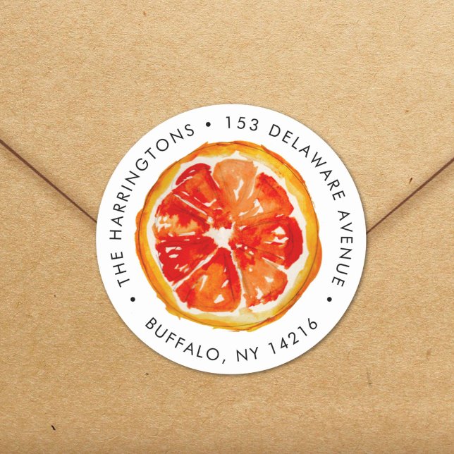 Pegatina Redonda Dirección de devolución de cítricos de Naranja de  (This yummy orange slice is my own original watercolor art! It can brighten your letters.)