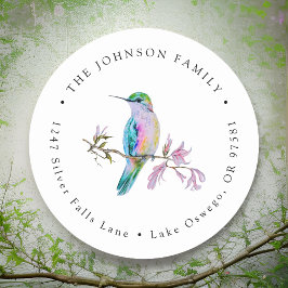 Pegatina Redonda Dirección de devolución de colibrí bonito acuarela