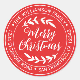 Pegatina Redonda Dirección de devolución de Feliz Navidad Rojo Bril