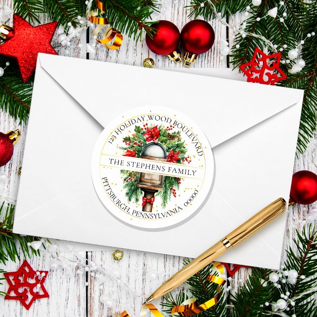 Pegatina Redonda Dirección de devolución de floral de buzón de vaca (Elegant Christmas Holiday Mailbox Poinsettia Floral Return Address Envelope Seal)