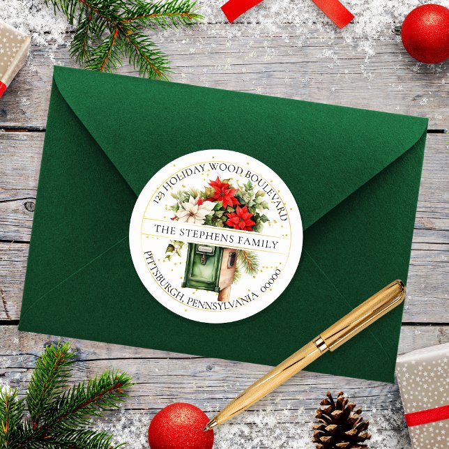 Pegatina Redonda Dirección de devolución de floral de buzón de vaca (Elegant Christmas Holiday Mailbox Poinsettia Floral Return Address Envelope Seal)