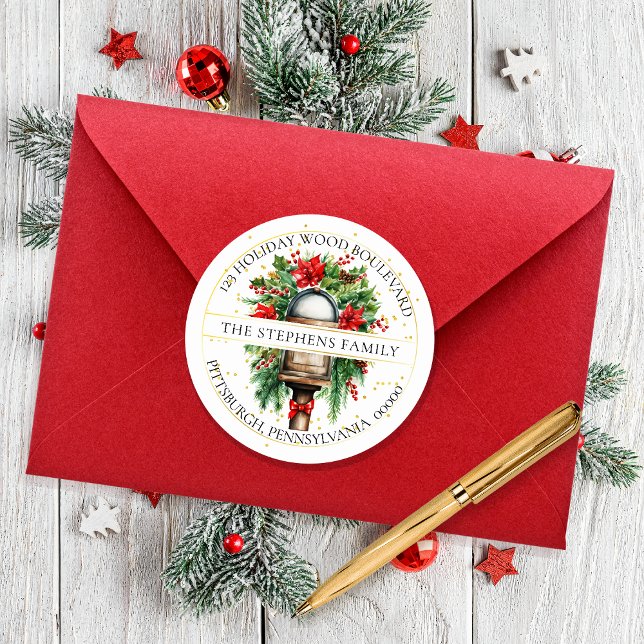 Pegatina Redonda Dirección de devolución de floral de buzón de vaca (Elegant Christmas Holiday Mailbox Poinsettia Floral Return Address Envelope Seal)