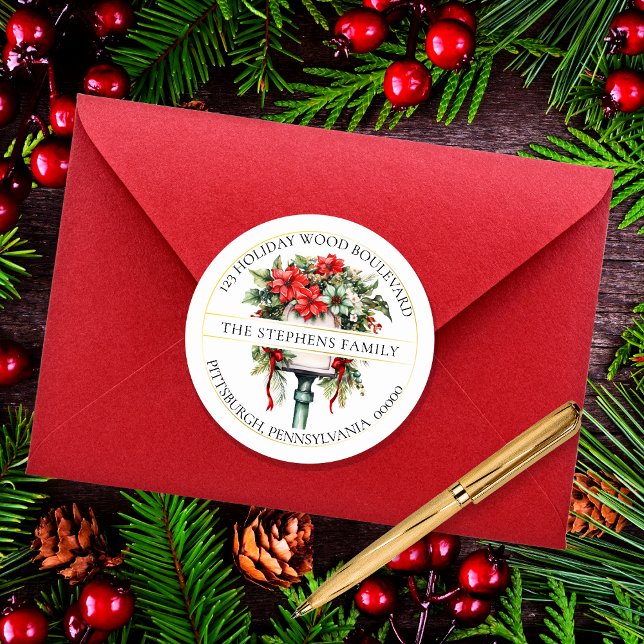 Pegatina Redonda Dirección de devolución de floral de buzón de vaca (Elegant Christmas Holiday Mailbox Poinsettia Floral Return Address Envelope Seal)