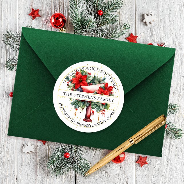 Pegatina Redonda Dirección de devolución de floral de buzón de vaca (Elegant Christmas Holiday Mailbox Poinsettia Floral Return Address Envelope Seal)