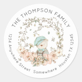 Pegatina Redonda Dirección de devolución de floral de vintage Bear