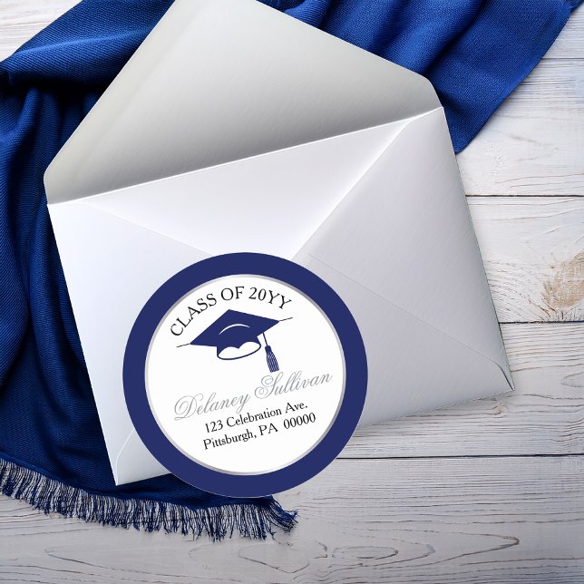 Pegatina Redonda Dirección de devolución de graduación universitari (Elegant Blue and Silver Tone  College | University Graduation Return Address Classic Round Sticker)