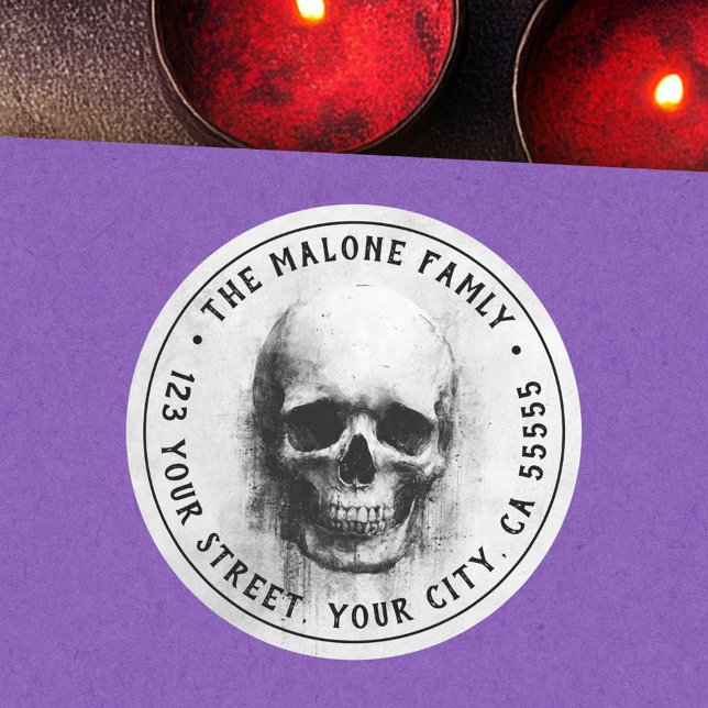 Pegatina Redonda Dirección de devolución de Halloween calavera espe (Creepy skull Halloween return address Classic Round Sticker)