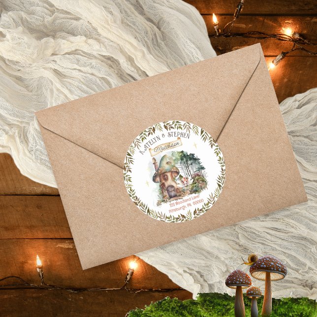 Pegatina Redonda Dirección de devolución de hongos de animales de b (Fairy First Woodland Animals Mushrooms Girl's 1st Birthday Party Round Return Address Envelope Seal.)