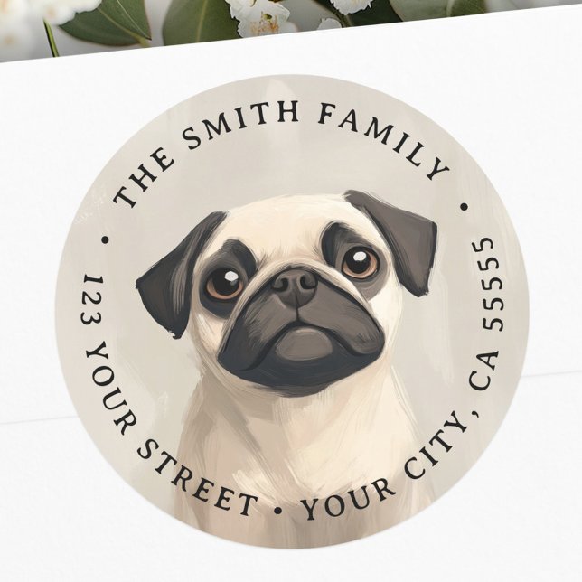 Pegatina Redonda Dirección de devolución de ilustracion de pug de c (Cute pug illustration return address classic round sticker)