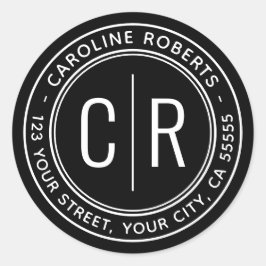 Pegatina Redonda Dirección de devolución de iniciales de monograma