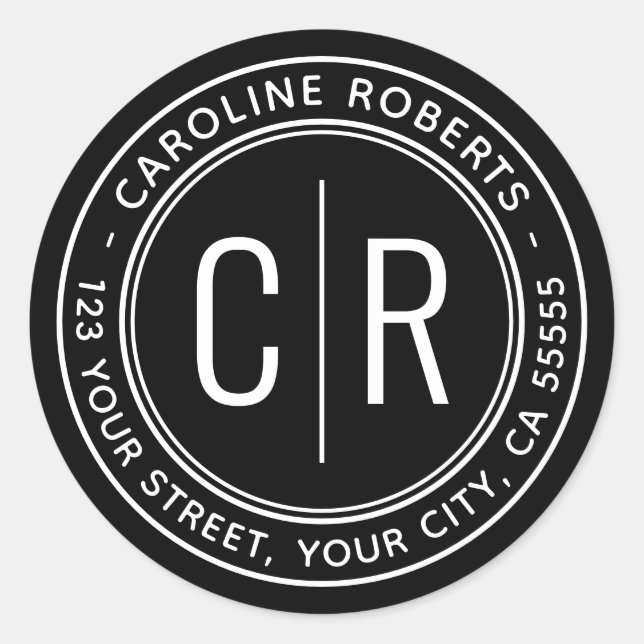 Pegatina Redonda Dirección de devolución de iniciales de monograma  (Anverso)