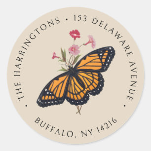 Pegatina Redonda Dirección de devolución de la mosca azul monarca v