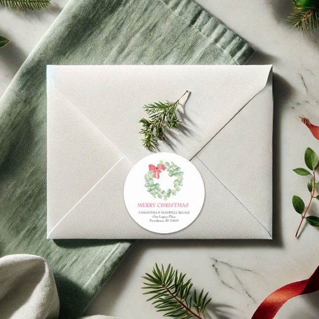 Pegatina Redonda Dirección de devolución de línea de Navidades de c (Christmas return address labels watercolor wreath art by Victoria Grigaliunas VG Invites)