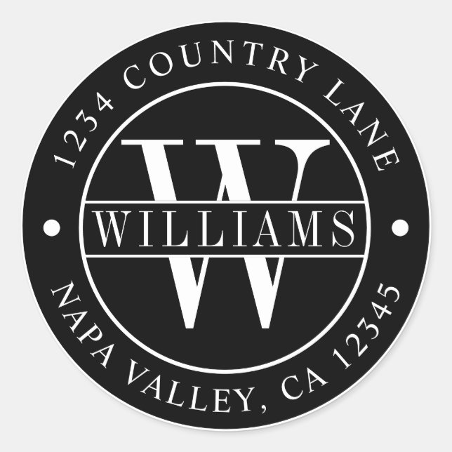 Pegatina Redonda Dirección de devolución de monograma elegante negr (Anverso)