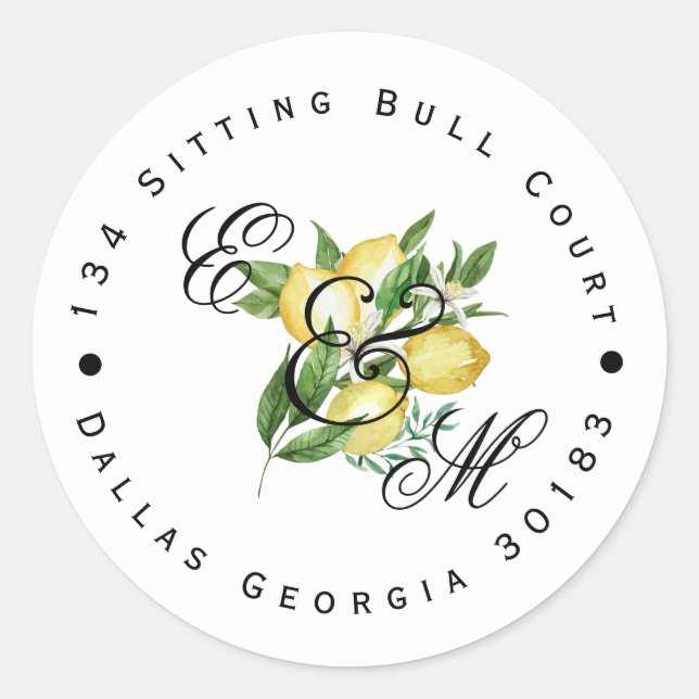 Pegatina Redonda Dirección de devolución de monograma limón Ronda c (Anverso)