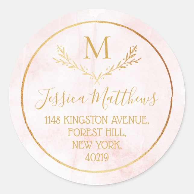 Pegatina Redonda Dirección de devolución de monograma Rubor Pink &  (Anverso)