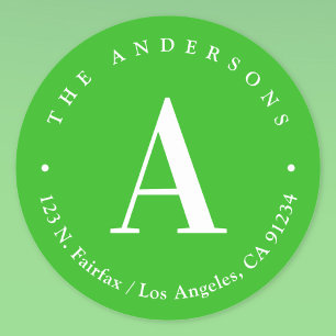 Pegatina Redonda Dirección de devolución de monograma verde y blanc