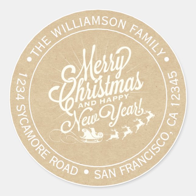 Pegatina Redonda Dirección de devolución de Navidad Año Nuevo Kraft (Anverso)