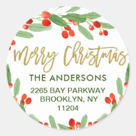 Pegatina Redonda Dirección de devolución de Navidad con acuarela de