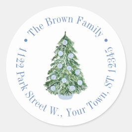 Pegatina Redonda Dirección de devolución de Navidades blancos azule