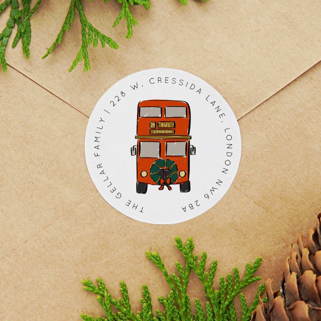 Pegatina Redonda Dirección de devolución de Navidades de bus de dob (London Double Decker Bus Christmas Return Address Classic Round Sticker)