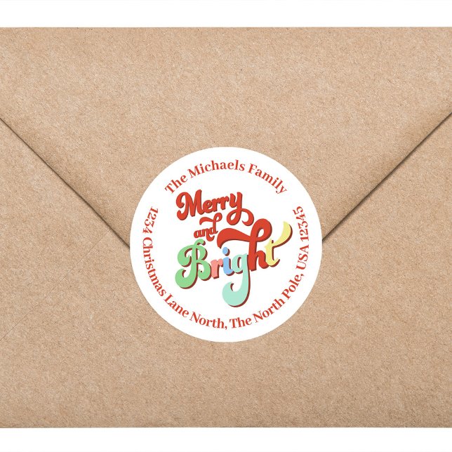 Pegatina Redonda Dirección de devolución de Navidades merry y lumin (Merry and bright Christmas custom return address label. )