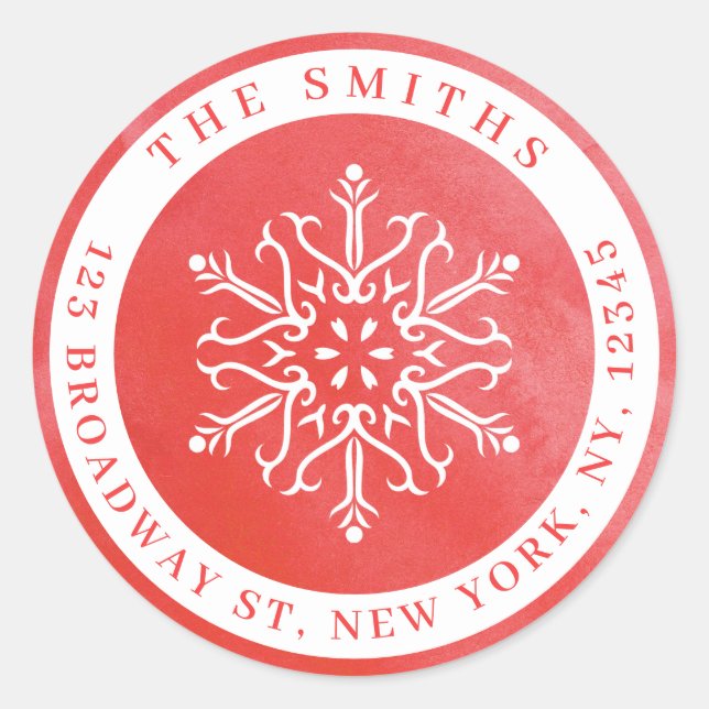 Pegatina Redonda Dirección de devolución de Navidades rojos de copo (Anverso)