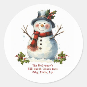 Pegatina Redonda Dirección de devolución de navidades Snowman