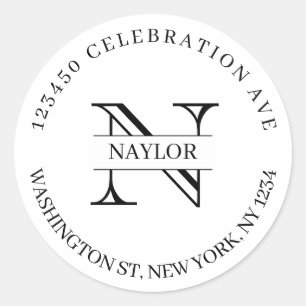 Pegatina Redonda Dirección de devolución de nombres de monograma en