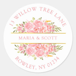 Pegatina Redonda Dirección de devolución de oro y floral de coral r