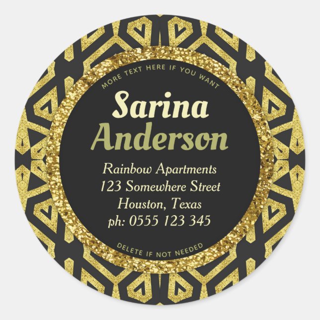 Pegatina Redonda Dirección de devolución de patrón negrita Gold Bla (Anverso)