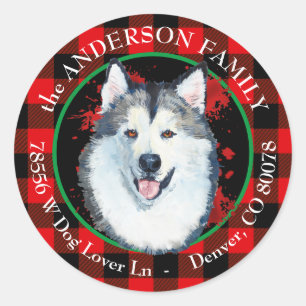 Pegatina Redonda Dirección de devolución de perro Malamute con rell