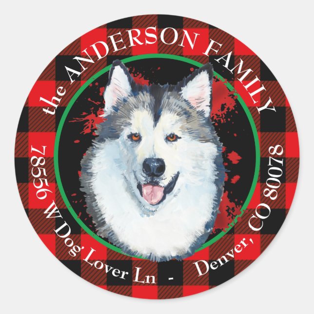 Pegatina Redonda Dirección de devolución de perro Malamute con rell (Anverso)