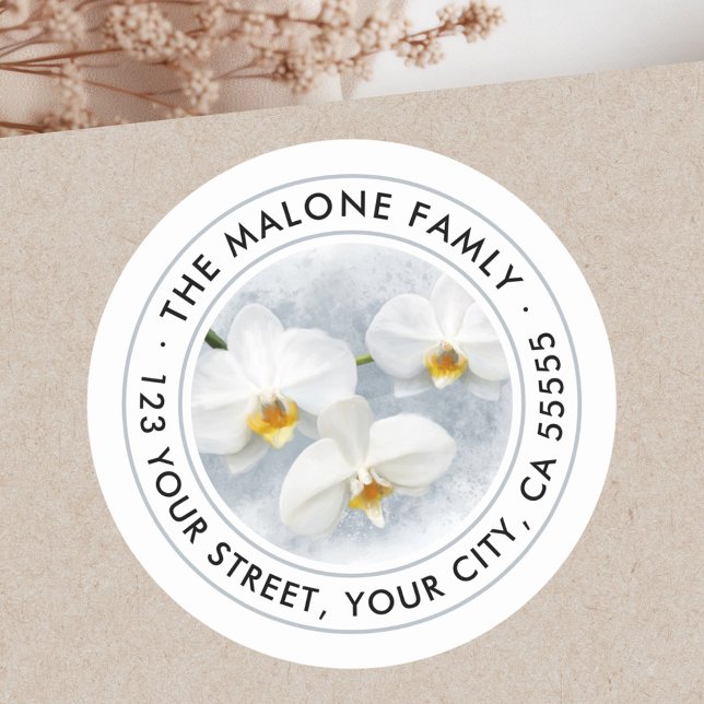 Pegatina Redonda Dirección de devolución de pintura de phalaenopsis (White orchid phalaenopsis painting return address classic round sticker)