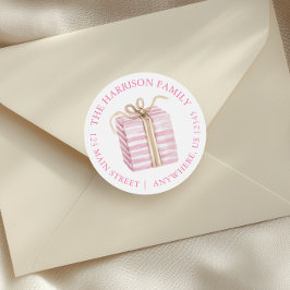 Pegatina Redonda Dirección de devolución de regalo de Navidad rosa 