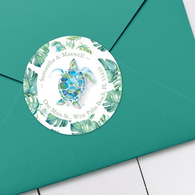 Pegatina Redonda Dirección de devolución de tortuga y vegetación ac (Return address labels beach watercolor sea turtle art by Victoria Grigaliunas of Do Tell A Belle)