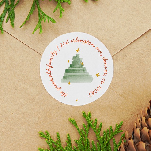 Pegatina Redonda Dirección de devolución de vacaciones de árbol de  (Starlit watercolor Christmas tree return address label round stickers.)