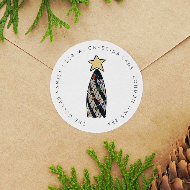 Pegatina Redonda Dirección de devolución del árbol de Navidad de la (London Gherkin Tower Retro Christmas Tree Return Address Classic Round Sticker)