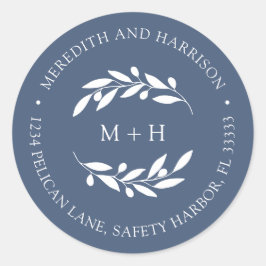 Pegatina Redonda Dirección de devolución del Boda azul de pizarra m