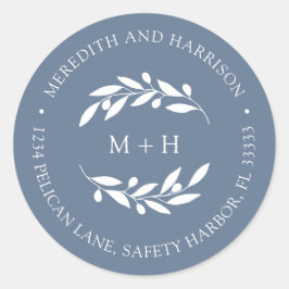 Pegatina Redonda Dirección de devolución del Boda azul turbio monog