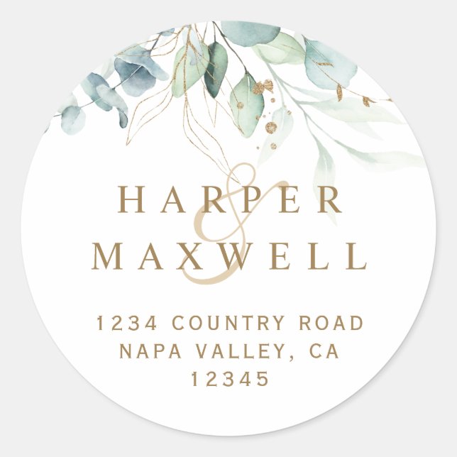 Pegatina Redonda Dirección de devolución del Boda botánico dorado y (Anverso)