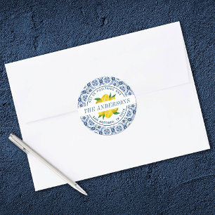 Pegatina Redonda Dirección de devolución del Boda de mosaico azul l