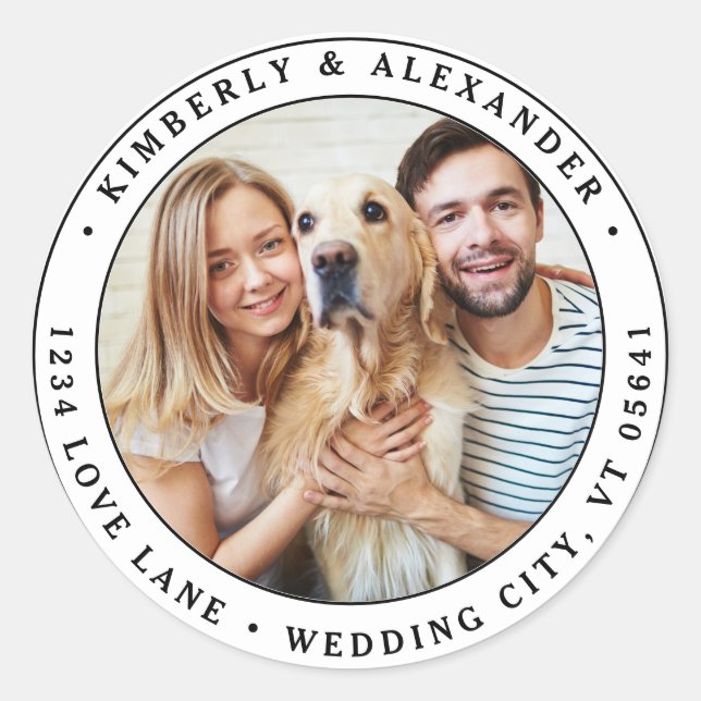 Pegatina Redonda Dirección de devolución del Boda moderno de la fot (Anverso)