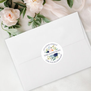 Pegatina Redonda Dirección de devolución floral acuarela azul marin