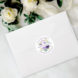 Pegatina Redonda Dirección de devolución floral acuarela púrpura